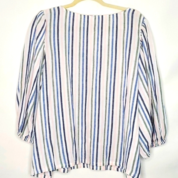 Caslon Linen Blend Striped Puff Sleeve Top Size XL V-Neck Popover Casual Coastal - Picture 5 of 12